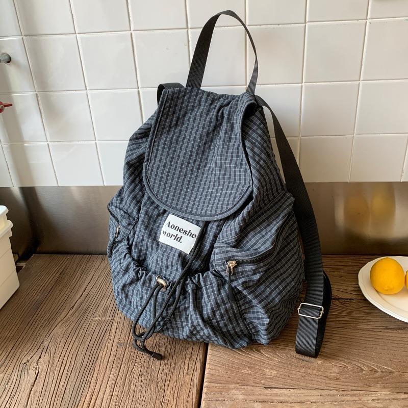 Lightweight Nylon Plaid Backpack, New Large-capacity Lazy Style Versatile Drawstring Tote Bag