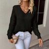Women V Neck Long Sleeve Knit Sweater With Hollow Out Sleeves Casual Pullover