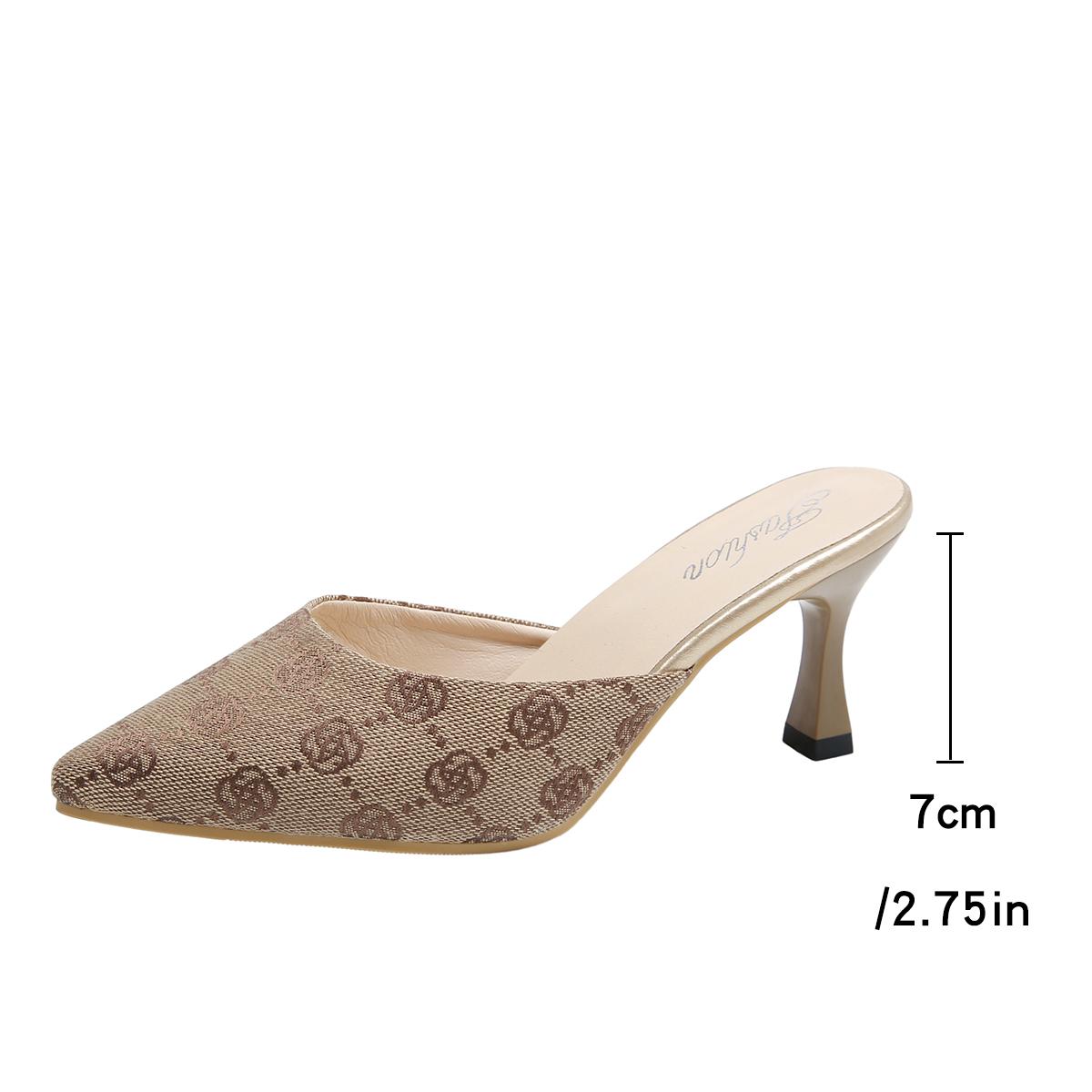 

Брендовые босоножки на высоком каблуке женские летние туфли 2024 года с цветочным принтом на тонком каблуке женские тапочки с острым носком туфли для вечеринок шлепанцы 42 хаки