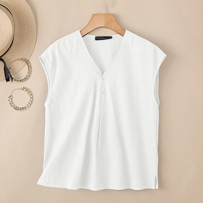 ZANZEA Women Casual V-Neck Solid Color Sleeveless Cotton Tank Tops