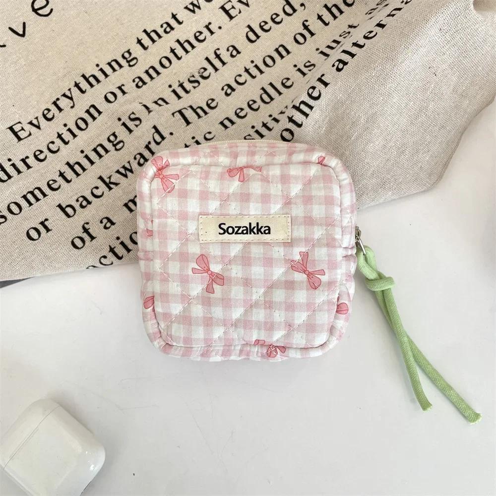 Large Capacity Plaid Bow Print Mini Cosmetic Bag Candy Color Makeup Sanitary Napkin Storage Cotton Cloth Small Item Bag