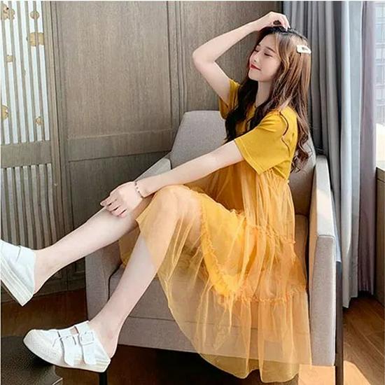 Summer 2023 Korean-Style Maternity Patchwork Dress – Loose Fit, Fresh, Sweet, and Fairy-Themed with Short Sleeves.