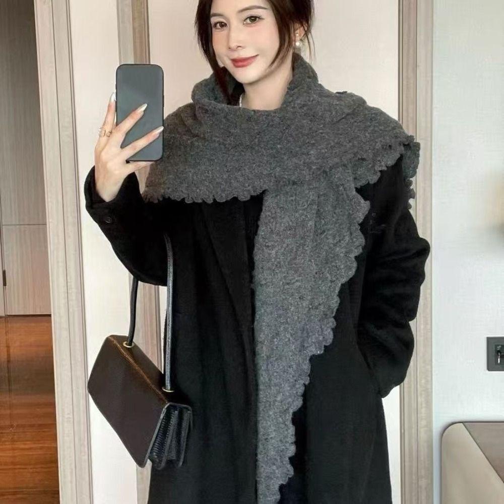 Thickened Widen Shawl Wrap Ruffled Edge Winter Scarf Knitting Triangle Scarf Casual Outfit