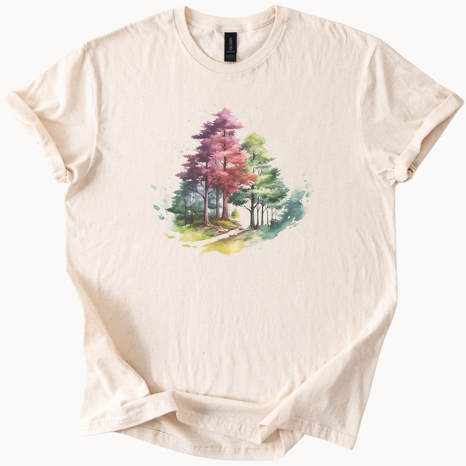 Watercolor Forest Path Graphic Tee Colorful Trees Nature Art Shirt Artistic Woodland Landscape TShirt Nature Lover Gift 160