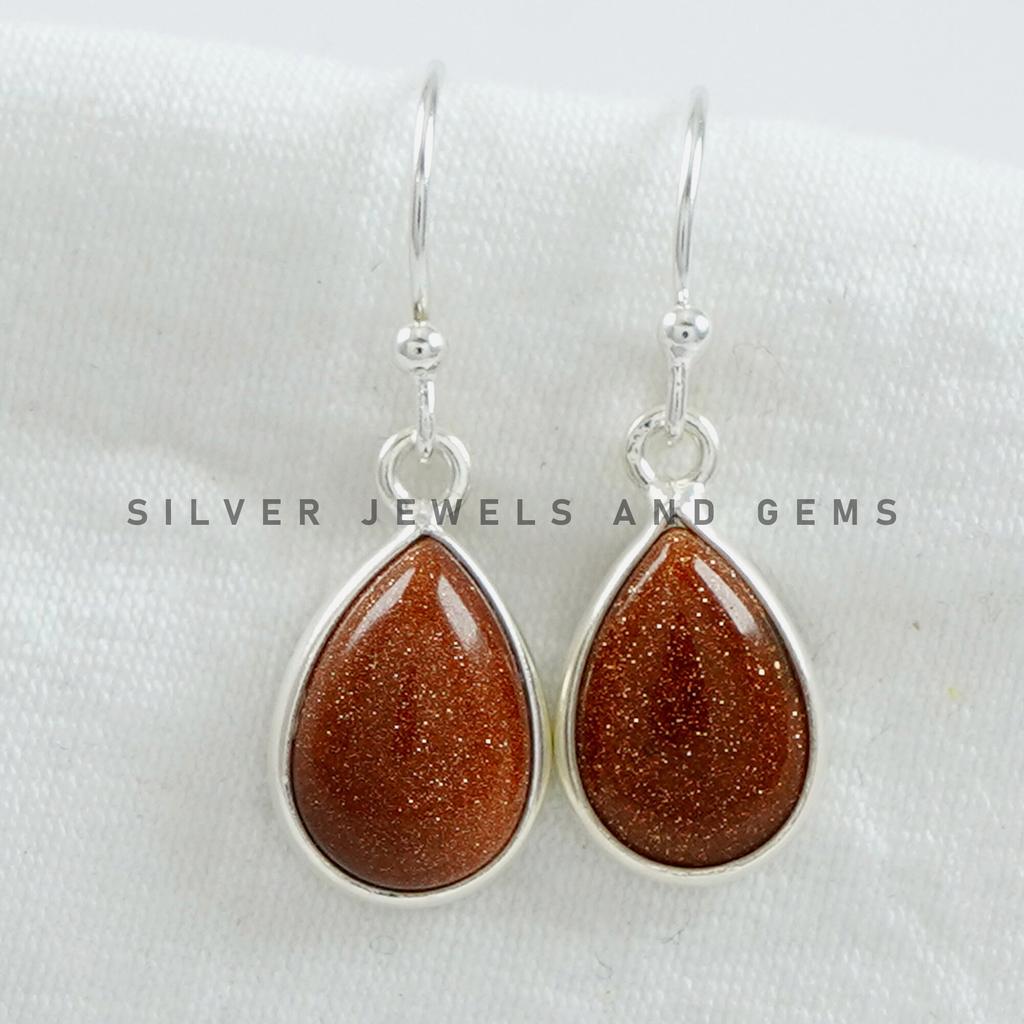 Teardrop Sunstone Earrings, Bezel Set, 925 Sterling Silver