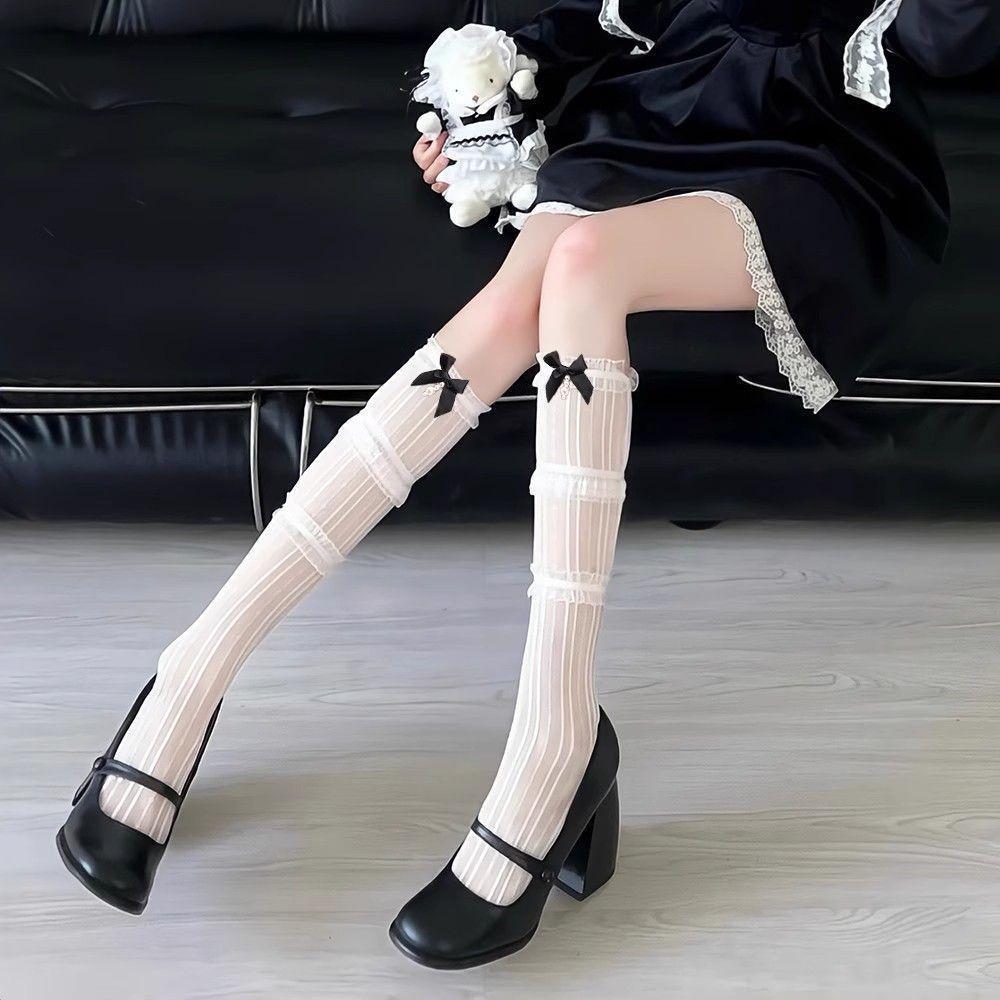 

Ballet Style White Knee-High Lace Socks with Bow - Perfect for Summer with Mary Jane Shoes. One size