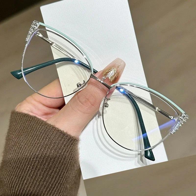 

European And American Trendy Metal Cat Eye Frame Anti Blue Light Flat Mirror Men S And Women S Versatile Diamond Studded Glasses