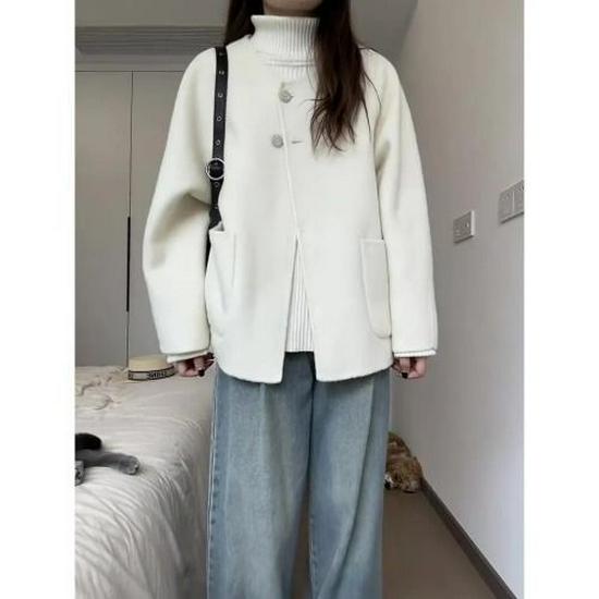 

Женское белое шерстяное пальто в стиле французский шик - Весна/Зима, двустороннее, шерсть со спандексом L (suggested for 120-140 lbs) белый