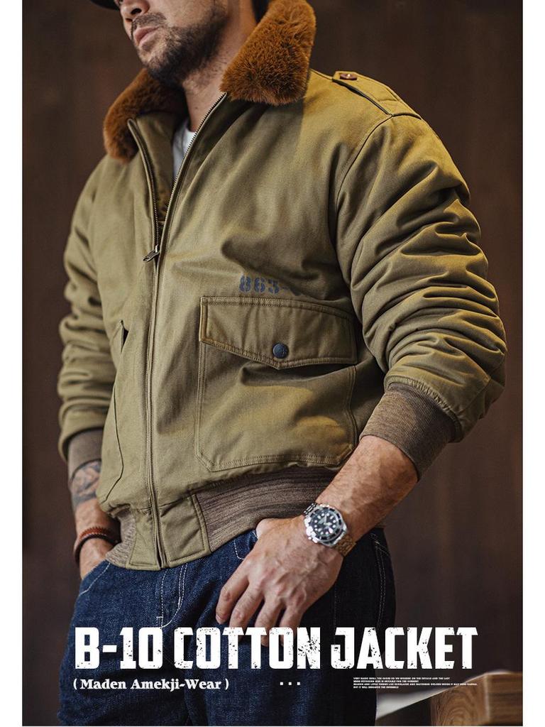 Maden Workwear B10 Retro Bomber Jacket - Men's Winter Cotton Coat with Fur Lapel Collar