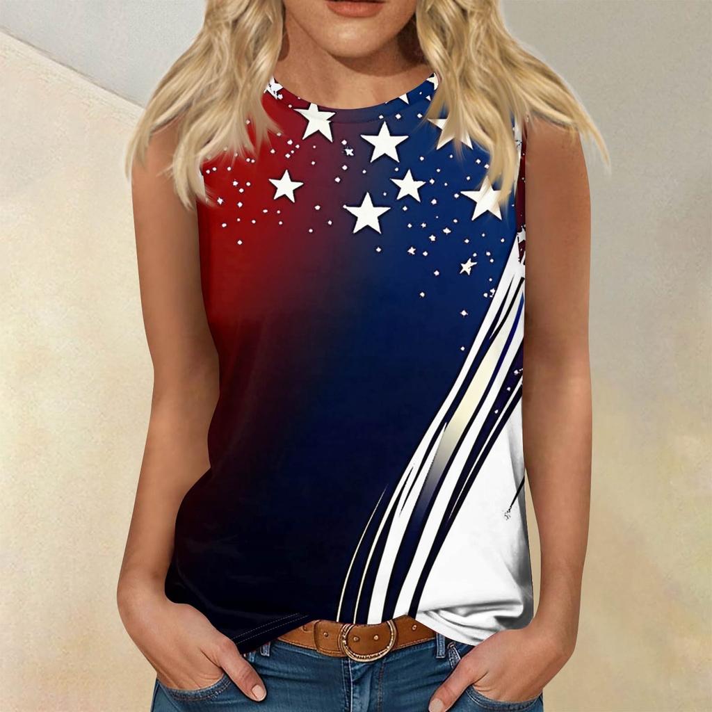 Women's Fashion Casual T-Shirt Round Neck Sleeveless Independence Day Printed Vest Top