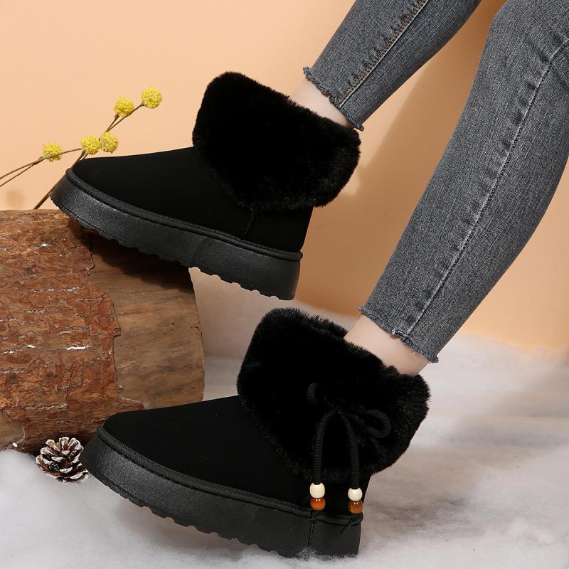 Sweet Beaded Bowknot Decoration Furry Snow Boots Women 2025 Winter Soft Thick Bottom Non Slip Fur Booties Warm Short Plush Boots