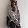 Cross-border New Striped Crew Neck Color-blocking Design Loose Long-sleeve Knit Jacket for Women, Simple Buttoned Sweater Jacket
