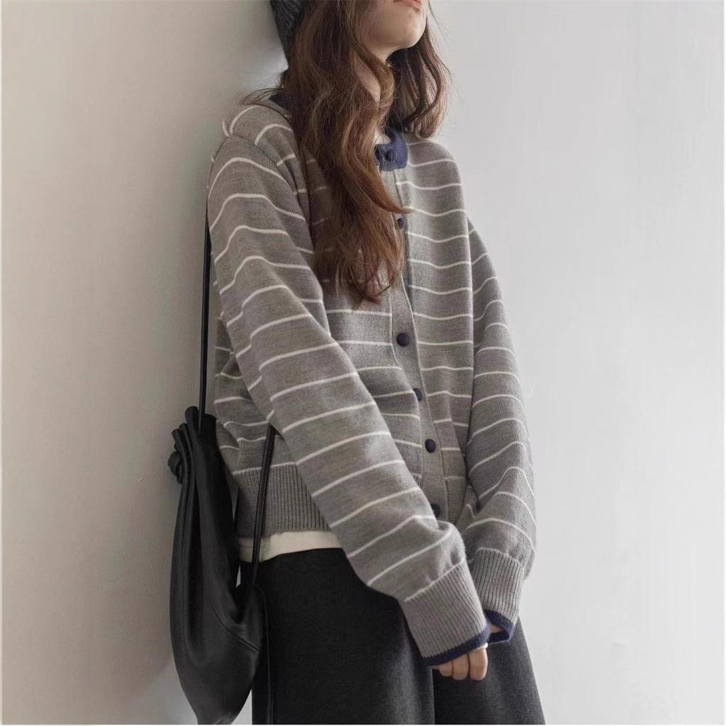 Cross-border New Striped Crew Neck Color-blocking Design Loose Long-sleeve Knit Jacket for Women, Simple Buttoned Sweater Jacket