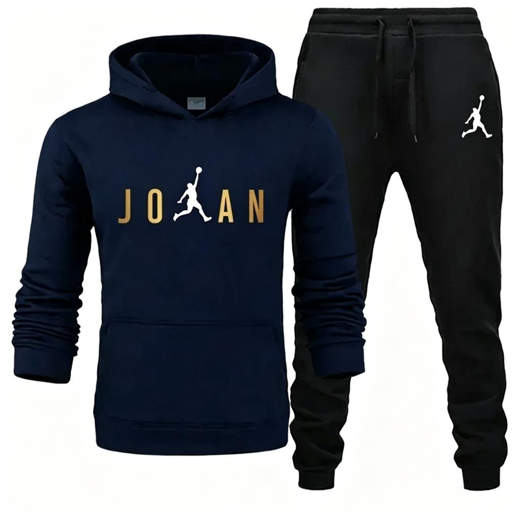 Dunkmark Herren Hoodie & Jogger Set, Trendiger Basketball Pullover Figur und Geteilter Goldener Buchstaben-Kunstdruck, Dickes Fleece Sport Zweiteiliges Set für Streetwear Freizeit