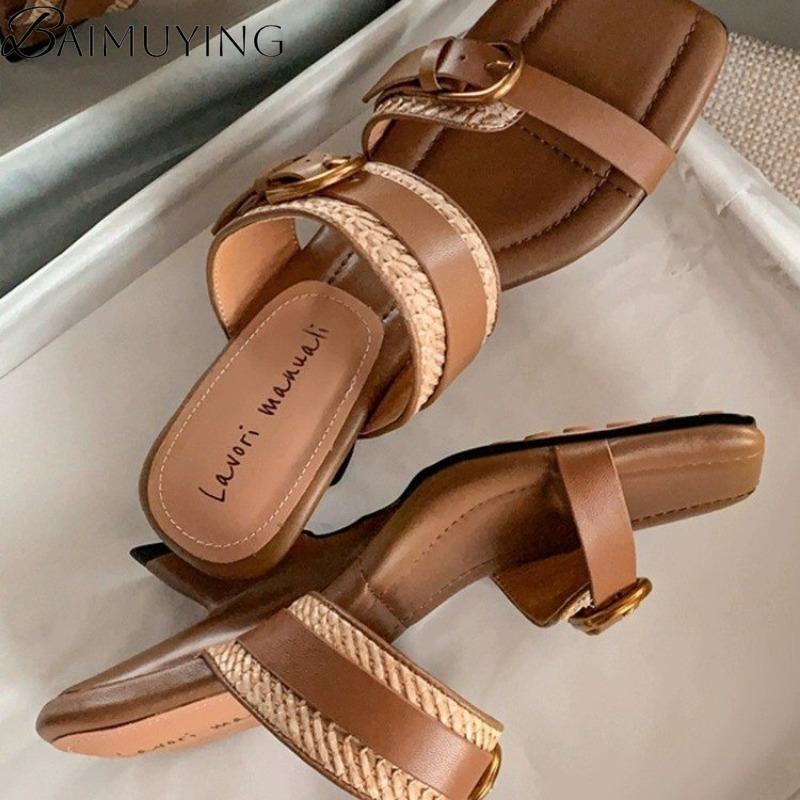 Fashion Square Toe Women Slippers Weave Sandals Loafers High Heels Shoes Woman 2025 Trend Summer Beach Casual Pumps Shallow Slides Mujer