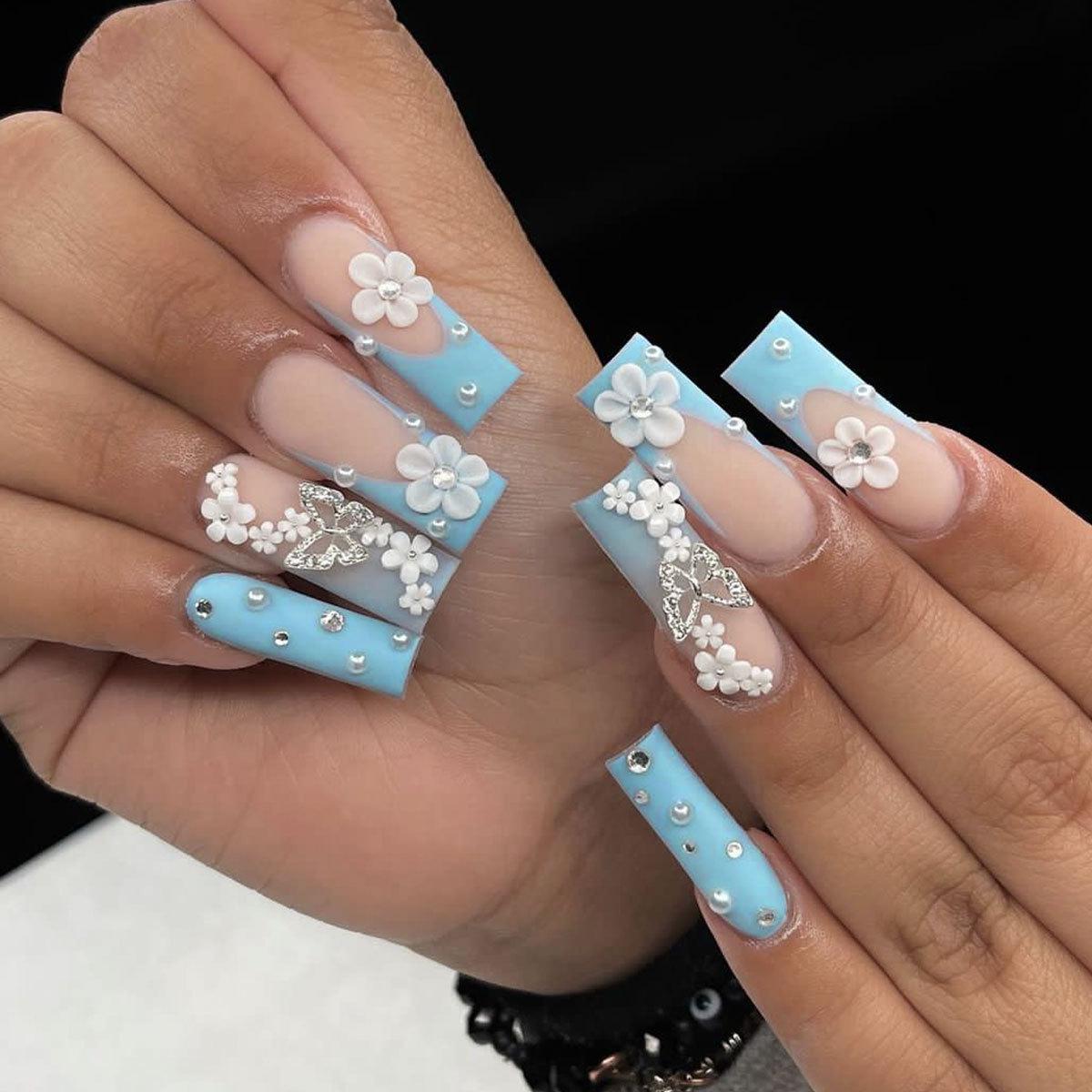 

Sky Blue Flower 3D Nail Tips with Butterfly and Pearl Accents