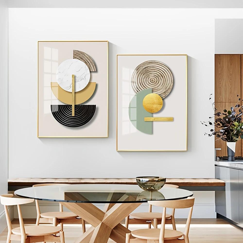 Frameless Golden Green Abstract Circle Geometric Art Canvas Painting Poster and Print Mural Wall Picture Modern Home Decor