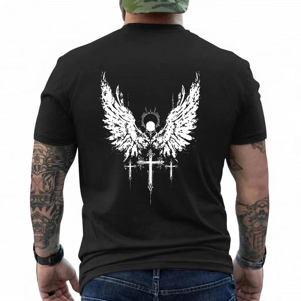 Angel Wings Cross T-Shirt Gothic Religious Graphic Tee Dark Streetwear Unisex M