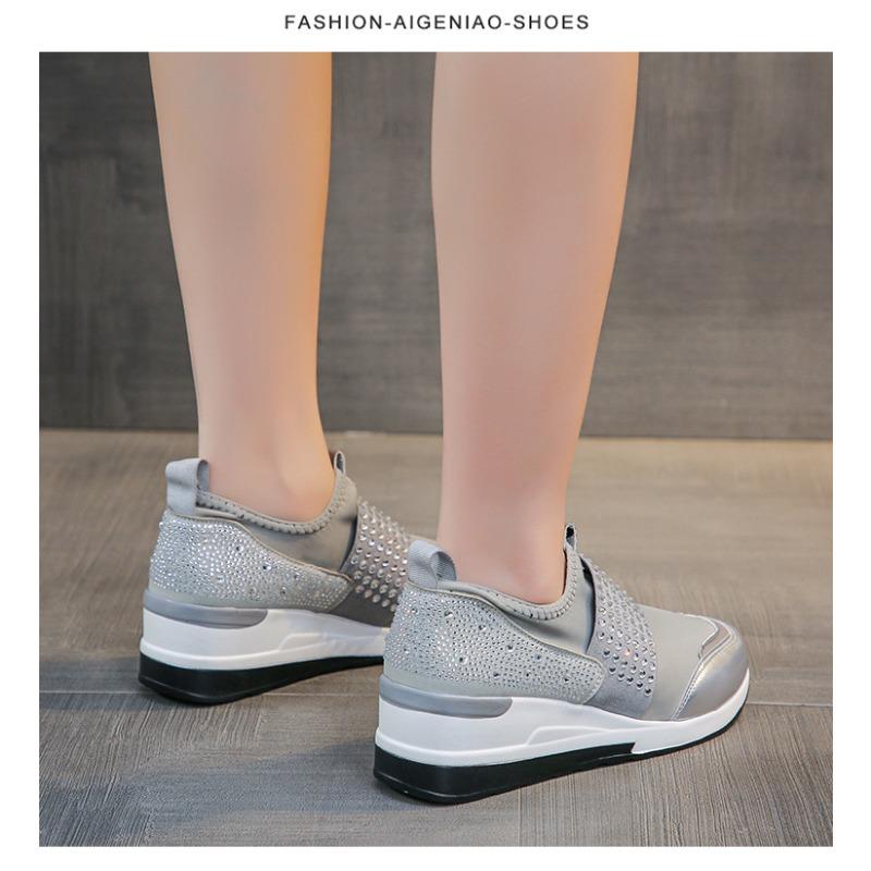 2025 Spring Korean Style Wedge Heel Rhinestone Slip-On Casual Flats for Women - Plus Size Round Toe Thick Sole Dad Shoes