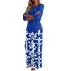 Women's Casual Loose Fit Two Piece Set Round Neck Three Quarter Sleeve Top and Wide Leg Printed Pants Lounge Outfit