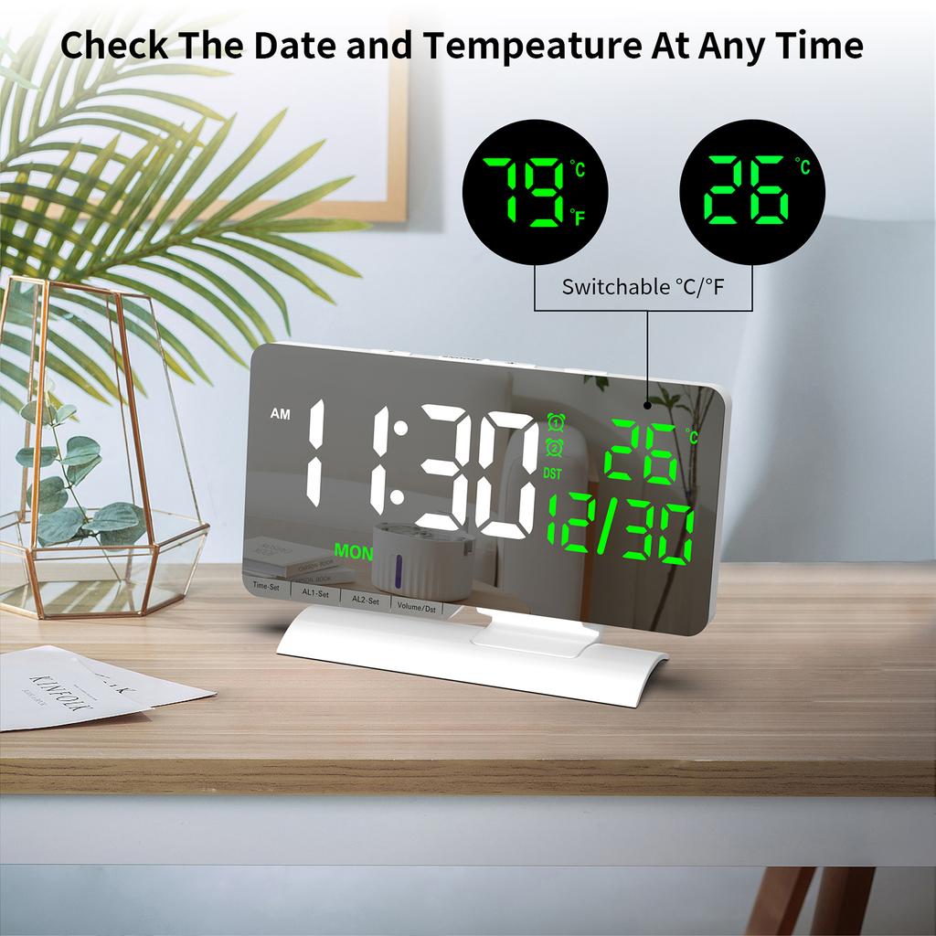 6.6 Large Display Digital Desk Clock, Dual Alarm Clock with Indoor TemperatureCelsiusDate, USBCelsiusType-C Charging Ports, 6- Dimmer, 5 Volume