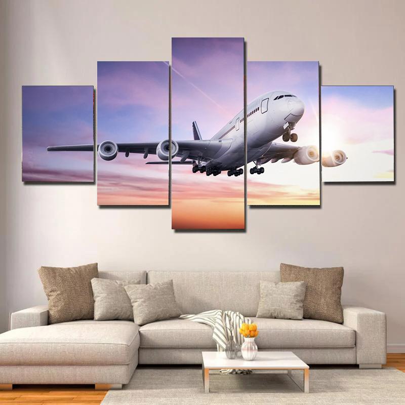 5pcs Modern Take Off Airplane Print Canvas Painting, Airplane In Sky Poster Wall Art, For Living Room Study Room Decor, No Frame