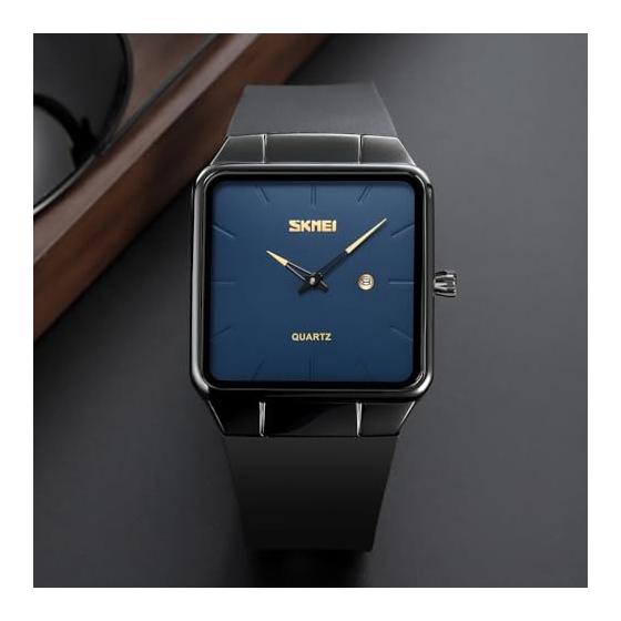 Men's Square Silent TPU Leather Strap Black Simple Thin Stylish Arm Watch Men's Waterproof Business Casual Men's Gift Black Blue Waches for Men