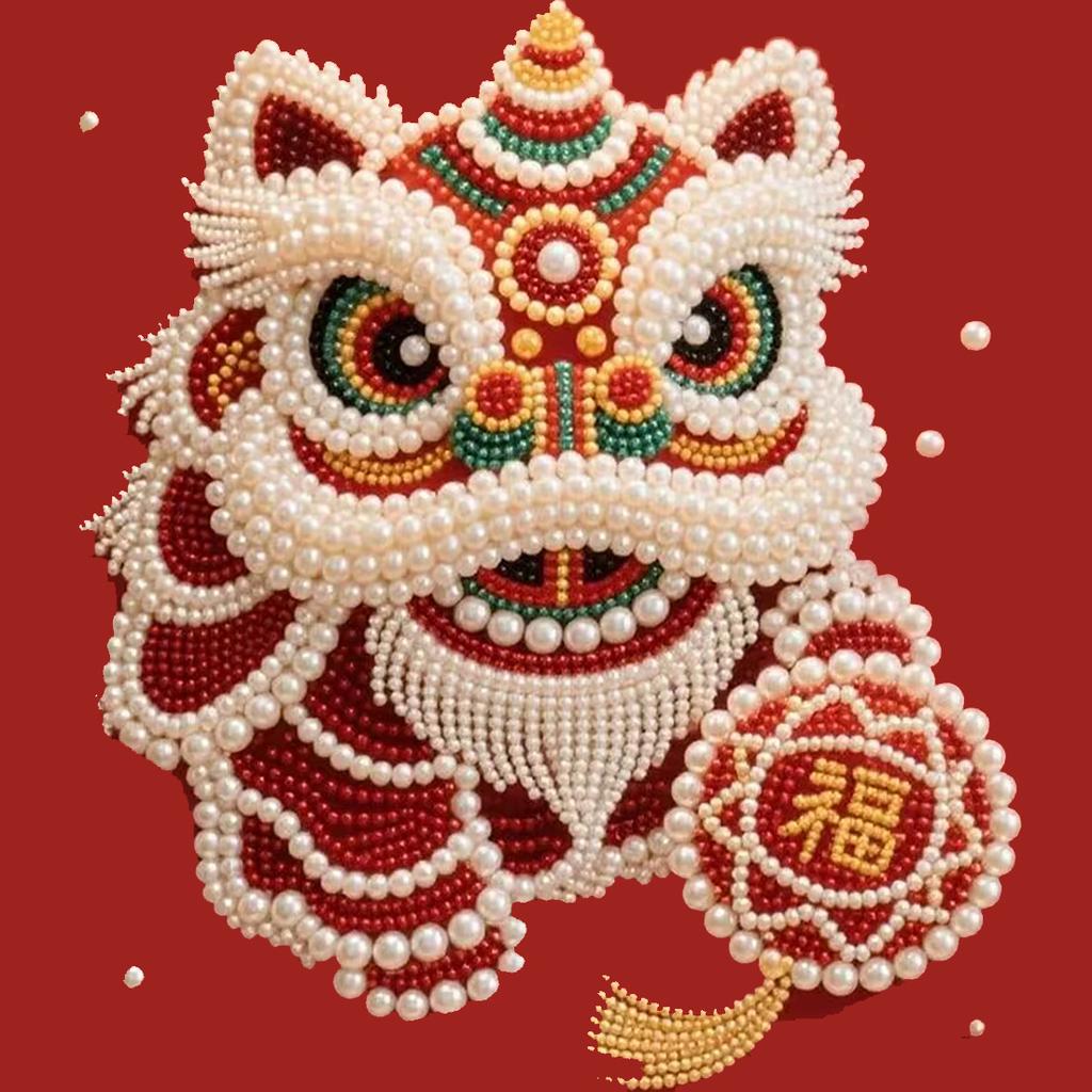 Lion Dance Decorative Painting Ornament, National Tide Lion Dancing Festive Animal Hanging Painting Diy Pearl Diamond Painting Large Size Acrylic