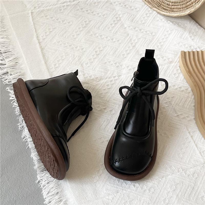 Literary round head cute short women's boots spring and autumn new Martin boots zipper low heel soft sole comfortable short boots tide