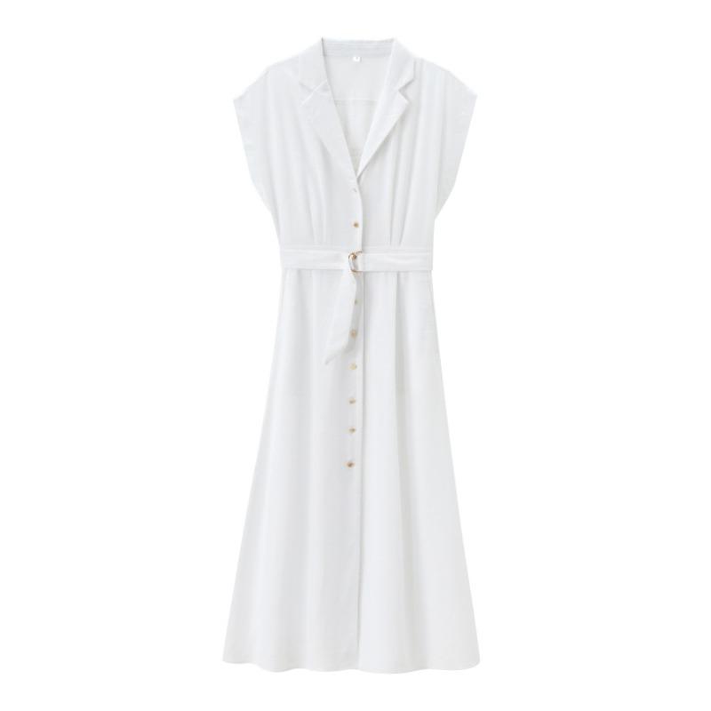 Women's Lapel Sleeveless Maxi Dress Loose Fit High Rise Linen Blend Shirt Dress With Matching Belt