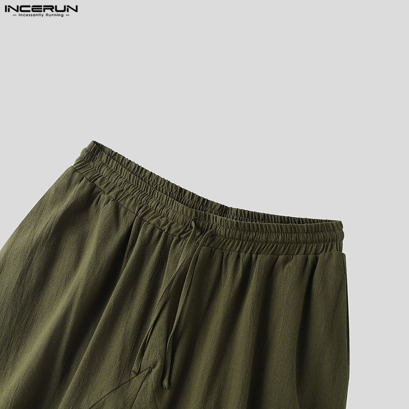 INCERUN Pantaloni Larghi Casual da Uomo a Vita Elastica, Finto Due Pezzi, Cavallo Basso, Lunghi