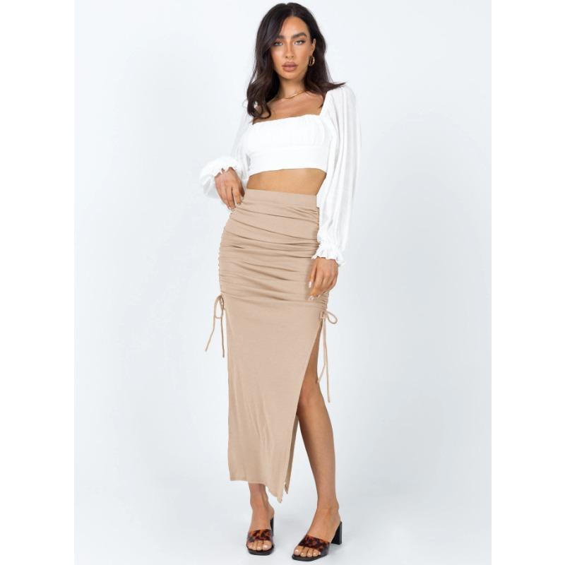 Split Knit Slim Drawstring Tie Long Bustier Skirt