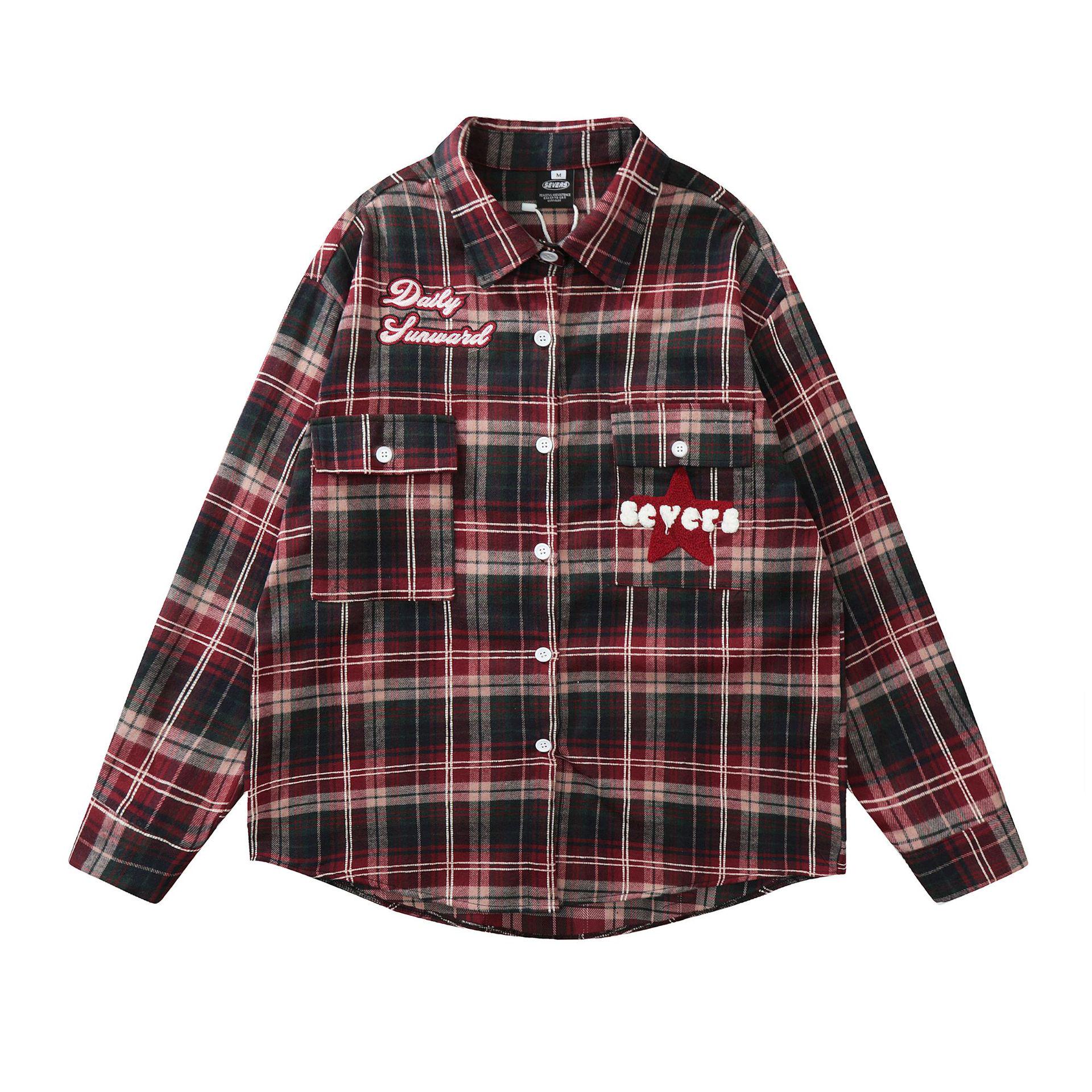 

Women s Retro Star Embroidered Plaid Shirt - Spring/Autumn Loose Fit Versatile Jacket Extra Large