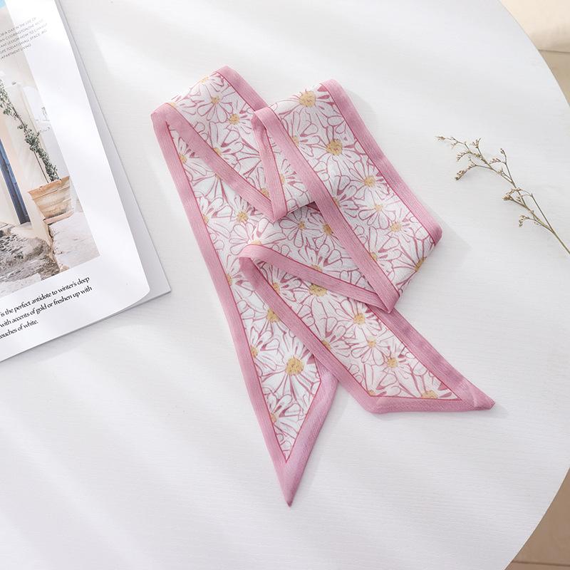 

Summer French Retro Pink Tied Hair Small Floral Long Silk Scarf Headband Braided Hair Chiffon Thin Ribbon Scarf 100cmX6cm