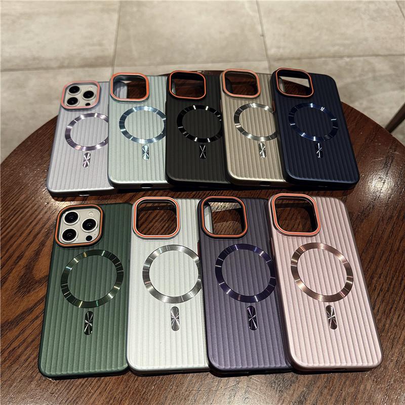 

For Apple iPhone 14 13 12 Plus Pro Max Corrugated Plating Metallic Paint Magnetic Anti-fingerprint PC Shockproof Anti-Slip Back Cover Case Shell