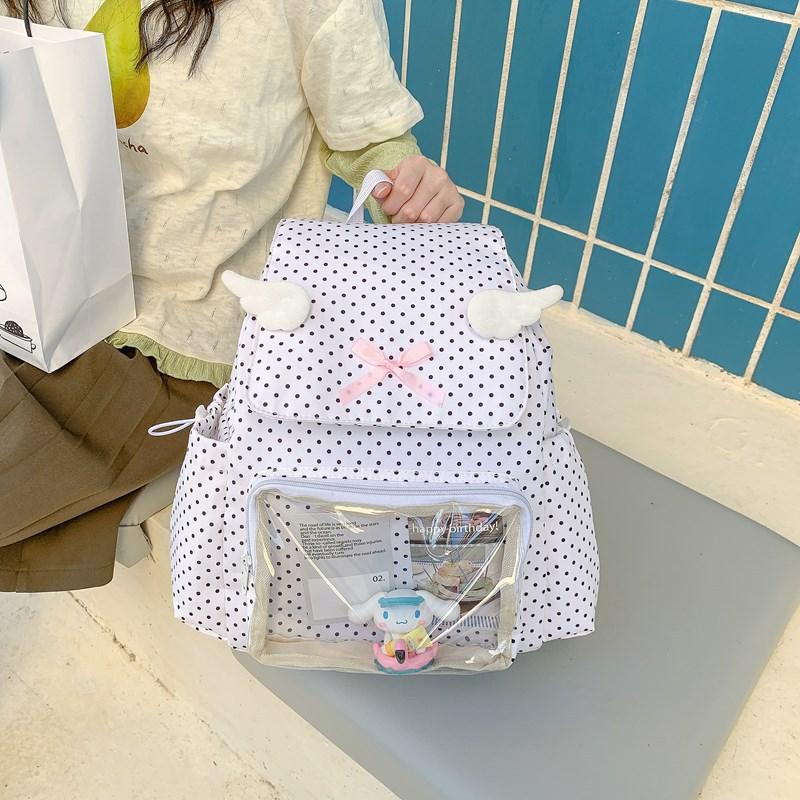 Korean schoolbag female wings polka dot retro high-value backpack female cute transparent pain bag casual play backpack