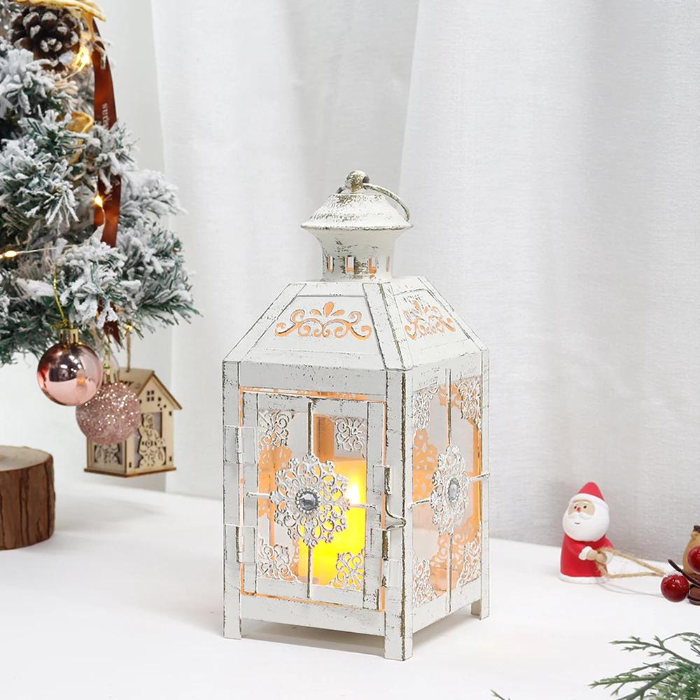 CDecorative Lantern 9.5" High Metal Candle Lantern Vintage Style Hanging Lantern (White with Gold Brush)