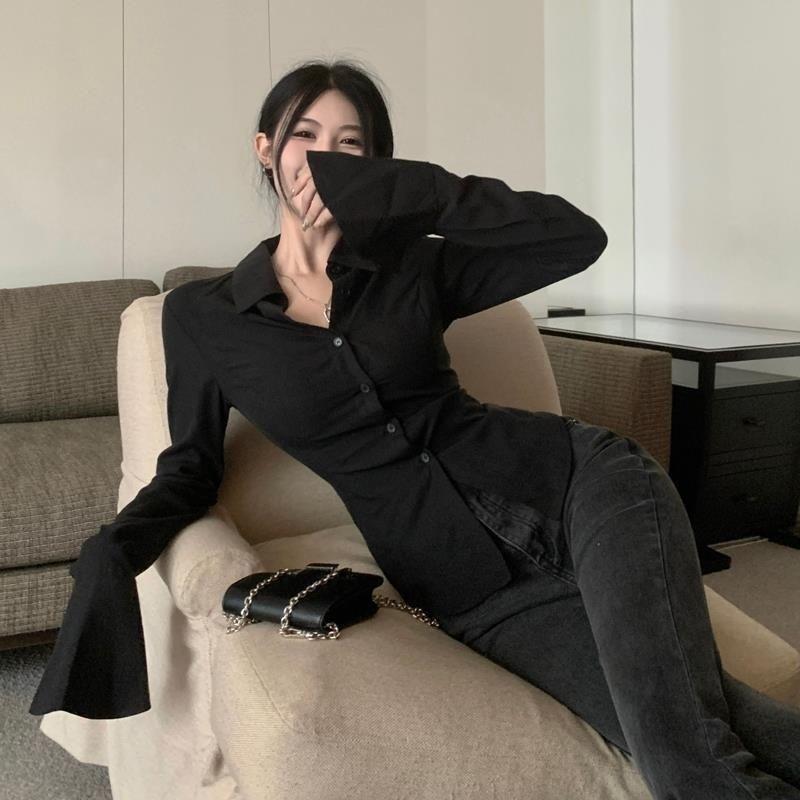 Women's Sexy Waist Cinching Shirt Flared Long Sleeved Lady's Solid Color Shirts High-end Slim Fitting Chic Strap Blouses