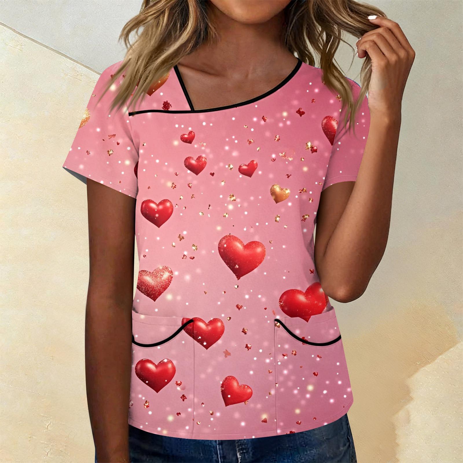

Women s Printed Work Clothes With Skew Collar And Double Layer Pocket Basic Tops Pullover XL кавун червоний колір