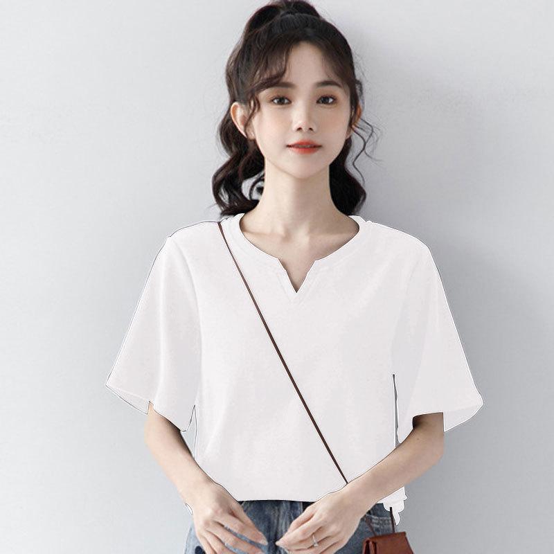 Summer Solid Color Casual Versatile Short Sleeve Women's Loose Style V-Neck T-shirt Commuter Top Fashion Women's Wear