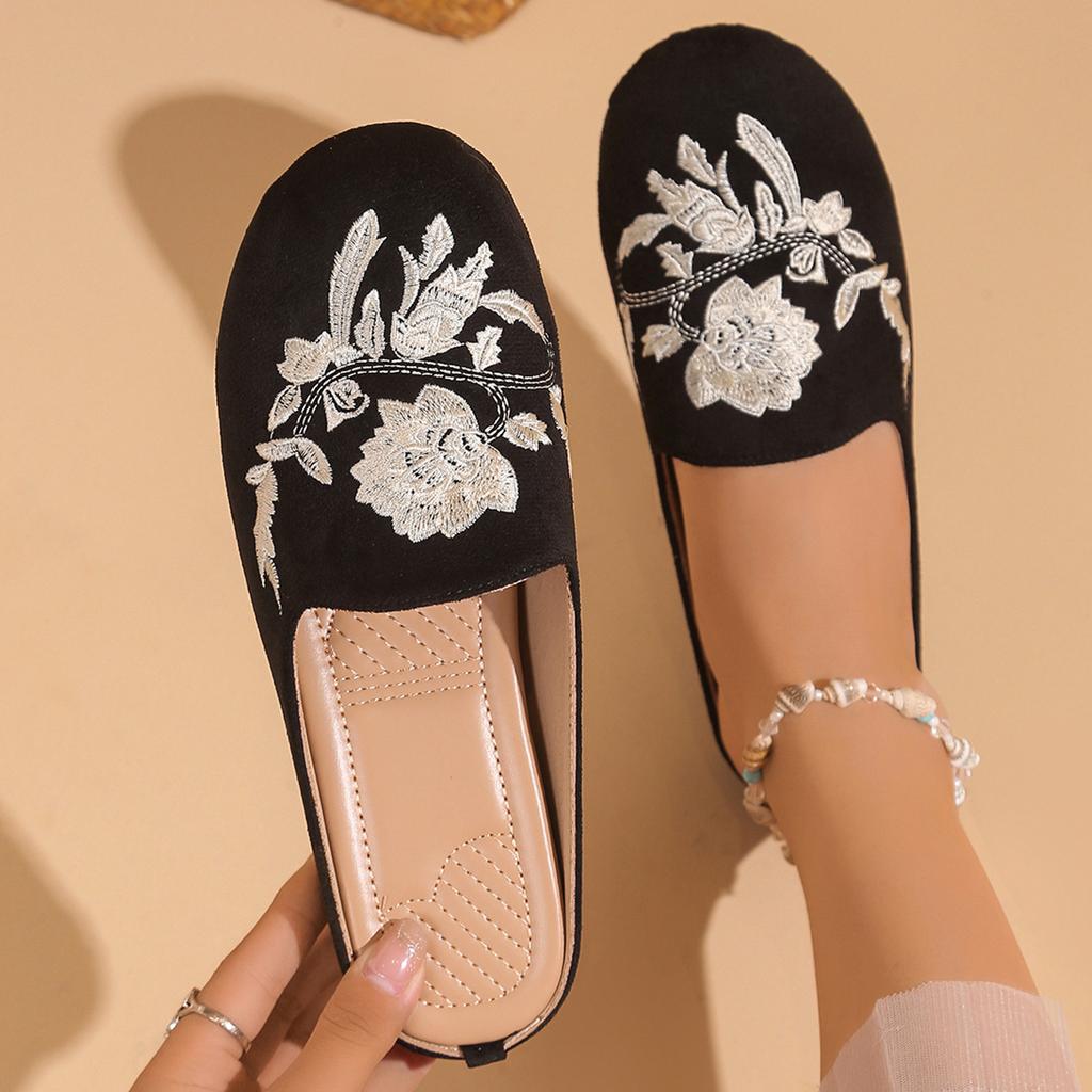 Fashion Comemore Slippers Women 2025 Spring Summer New Ethnic Style Embroidery Mules Half Slipper Casual Flat Bottom Baotou Slides Shoes