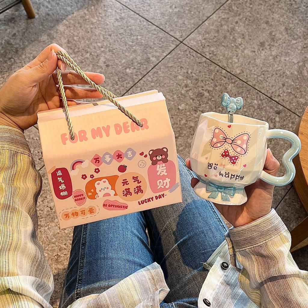 Bow Mug High Looking Girl Heart Cup Ceramic Water Cup Home Couple Office Coffee Breakfast Cup