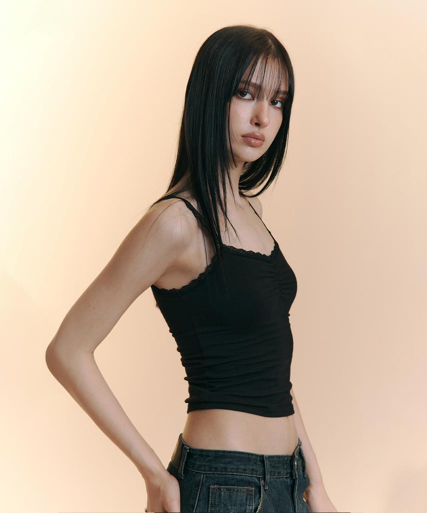 Peullijeunopallou Meli Lace Shirring Sleeveless Top (Black)