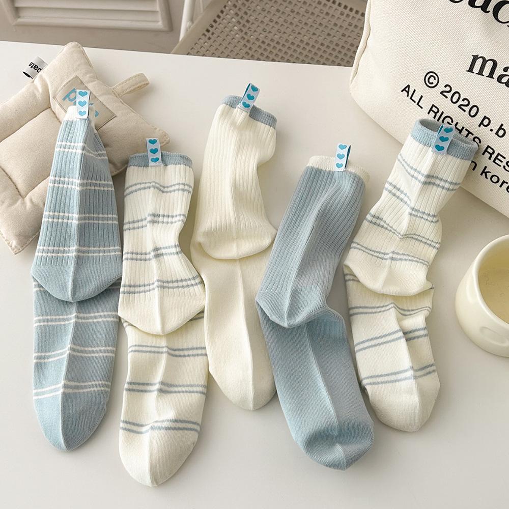 Spring And Autumn Cream Baby Blue Stripe Small Fresh Heel Love Cloth Label Double Needle Mid-Tube Socks Pile Socks For Women