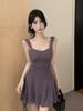 Nightclub Sexy Spaghetti Strap Dress – Low-Cut, Tassel Patchwork, Waist-Cinched, Large Hem Short Skirt