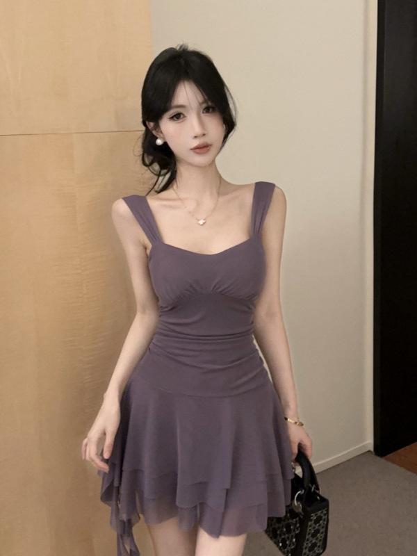 Nightclub Sexy Spaghetti Strap Dress – Low-Cut, Tassel Patchwork, Waist-Cinched, Large Hem Short Skirt