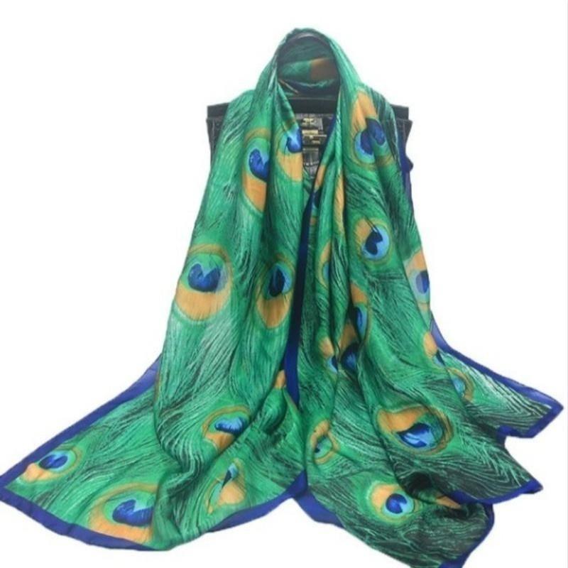 Women Fashion Green Peacock Design Scarf Silk Shawl Scarf Beachwear Women Wrap Caps 180*90cm