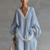 Women's Blue White Stripe Lace Loose Suit Casual Long-sleeved Wide-leg Pants Two-piece Set