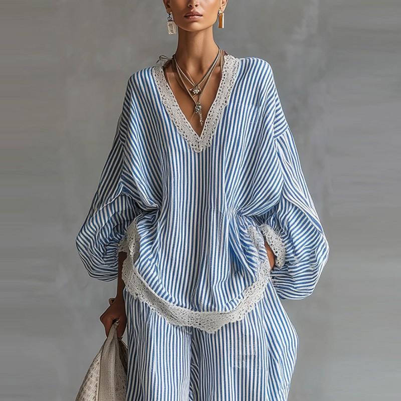 Women's Blue White Stripe Lace Loose Suit Casual Long-sleeved Wide-leg Pants Two-piece Set