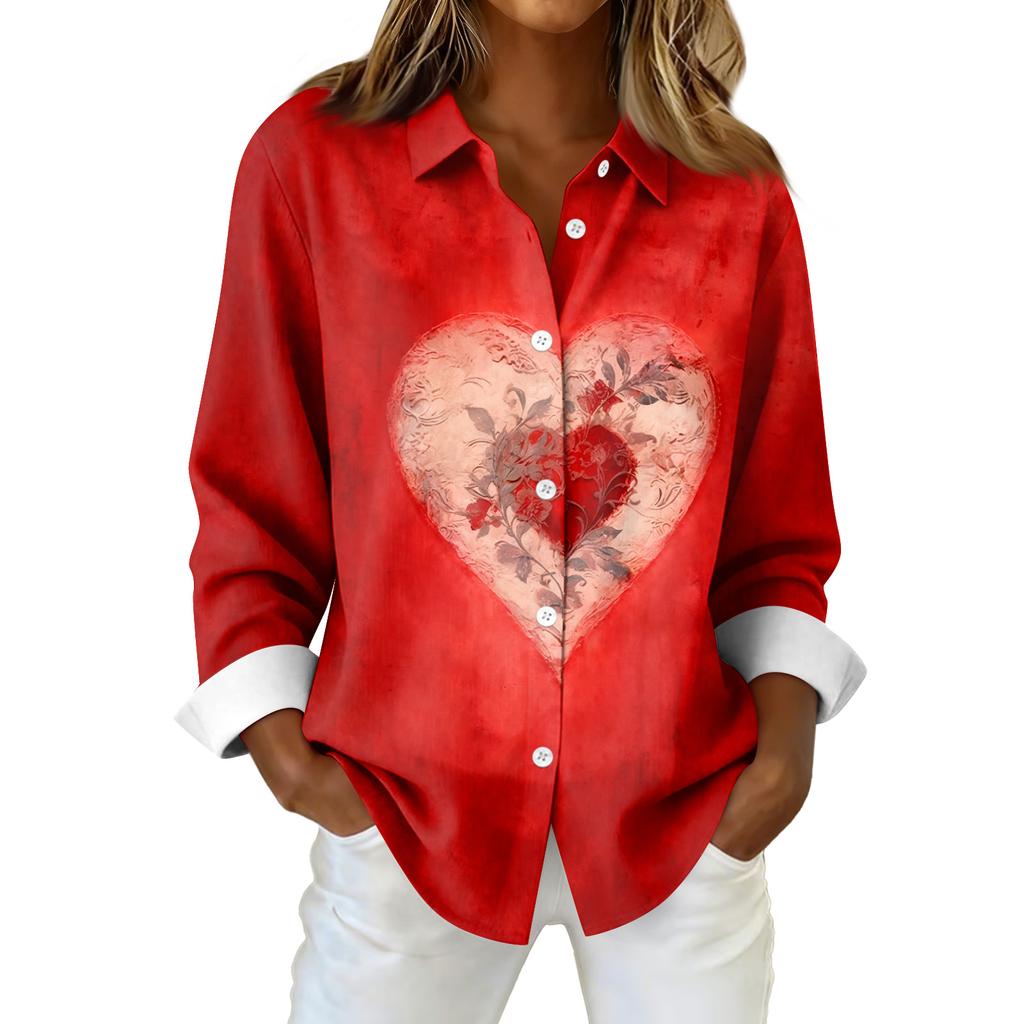 Kadın Gömlek Bluz Noel Baskılı Düğme Uzun Kollu Rahat Temel Gömlek Yaka Normal Üst